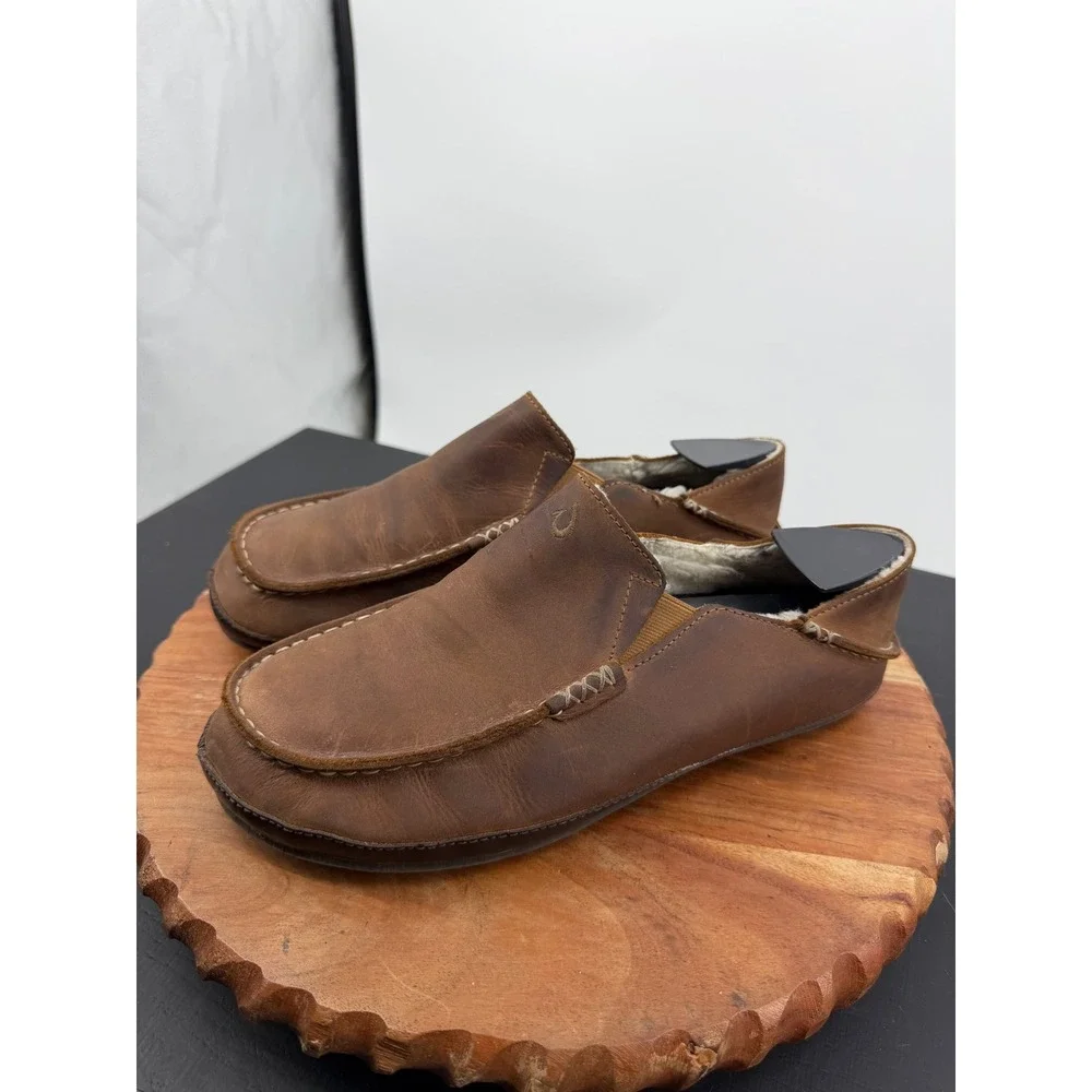 OluKai Moloa Slipper Loafer Mens Size 8 Brown Leather Shearling Lined 10252-3363